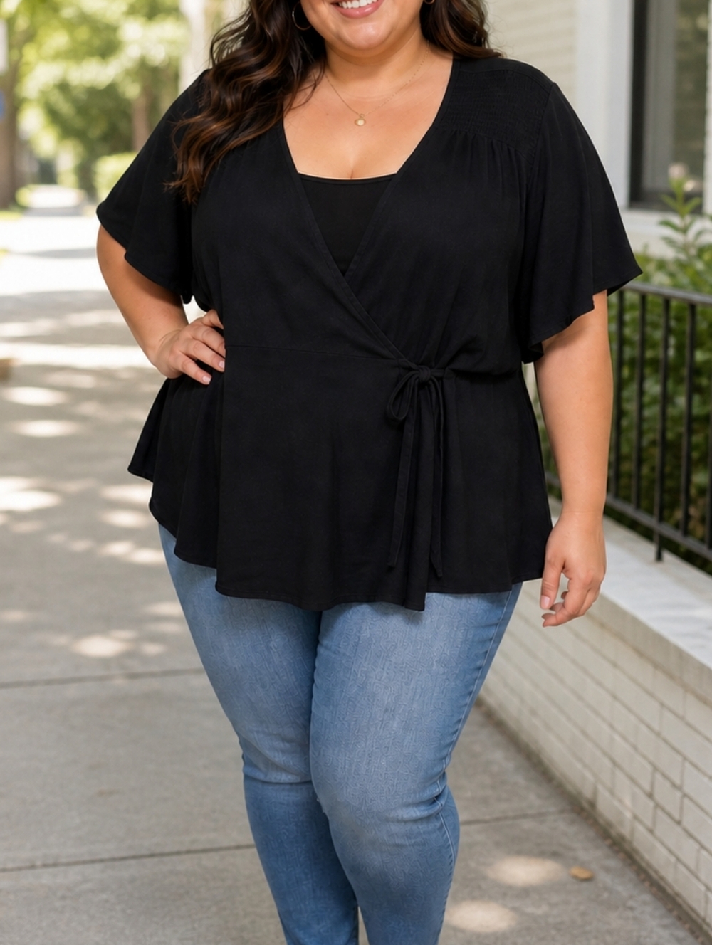 Torrid 100% Rayon Black Wrap Top | Plus Size Flowy Short Sleeve Blouse